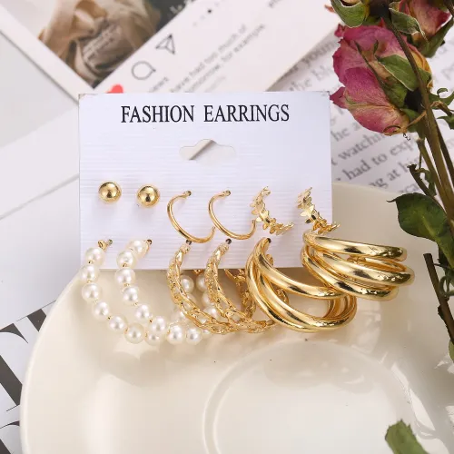 6 pair Pearl Geometric Earrings Set 